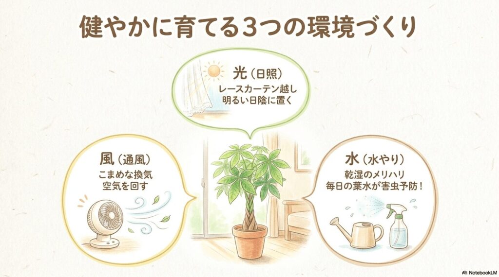 レースカーテン越しの日光、こまめな換気、メリハリのある水やりと葉水の3つのポイントを表したイラスト