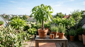 屋外のベランダで太陽の光をたっぷり浴びて元気に育つパキラの鉢植え(記事「パキラを外で育てるには?屋外に出す時期やトラブル対策をやさしく解説」アイキャッチ画像)