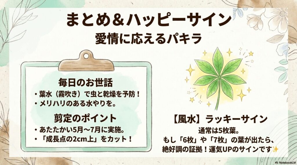 毎日のお世話や剪定のポイントのまとめと、パキラが絶好調の時に出す6枚や7枚の葉っぱが風水的なラッキーサインであることを示すイラスト