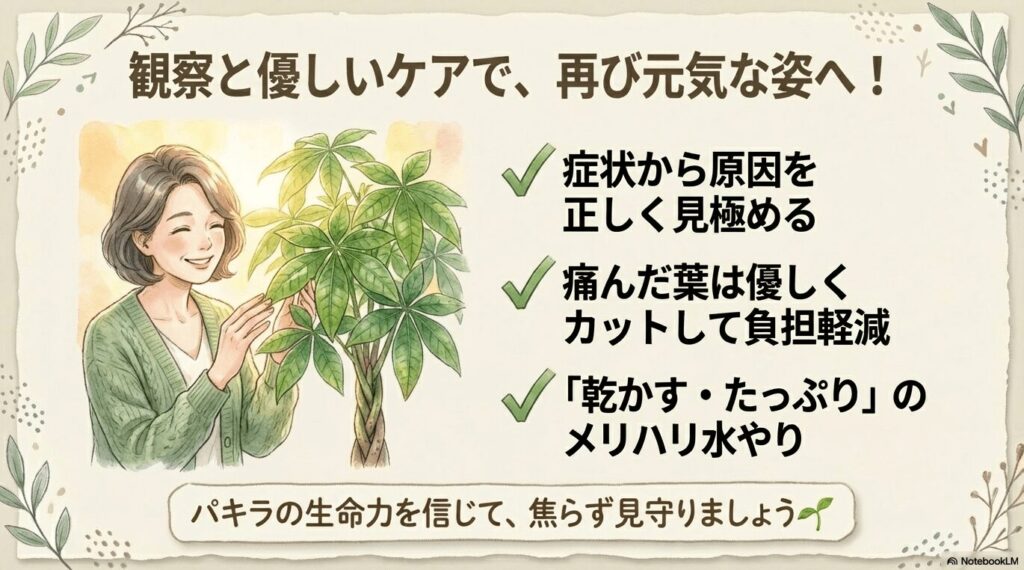 観察と優しいケアで再び元気な姿を取り戻したパキラと笑顔の女性