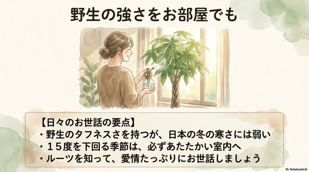 野生のルーツを理解してパキラに葉水などのお世話をする女性のイラスト