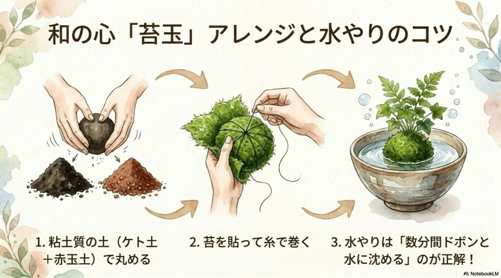 粘土質の土と苔を使ったパキラの苔玉の作り方と、水に沈める水やりのコツを図解したスライド画像