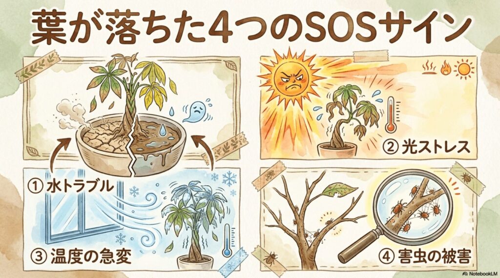 パキラの葉が落ちる4つのSOSサイン（水トラブル、光ストレス、温度の急変、害虫の被害）