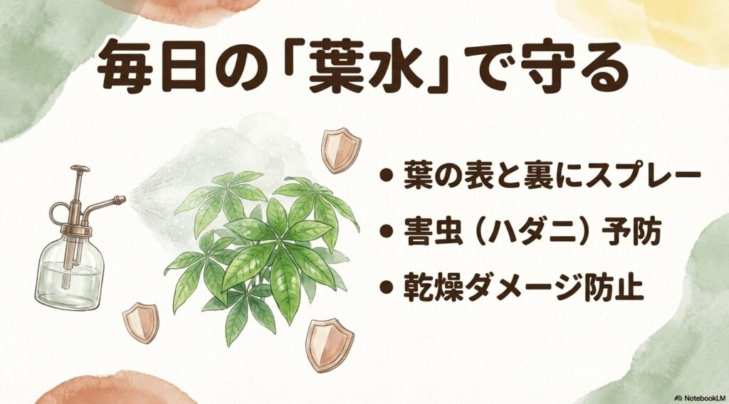 葉の表裏へのスプレーでハダニ予防と乾燥ダメージを防ぐ葉水