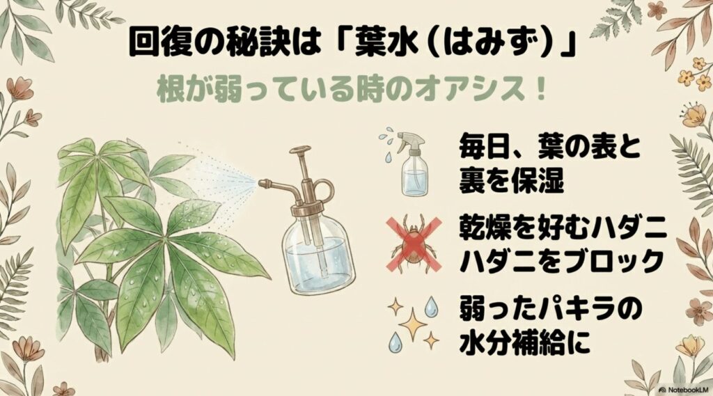 根が弱っているパキラの水分補給とハダニ予防に効果的な毎日の葉水(はみず)のメリットを解説する図解