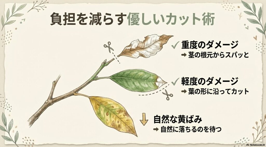 パキラの傷んだ葉の重症度別カット方法(根本から切るか、形に沿って切るか)