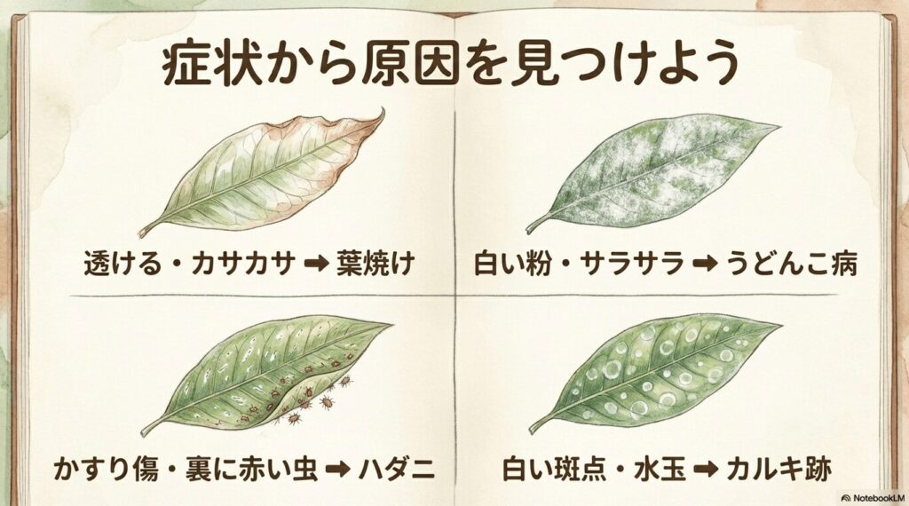 パキラの葉の症状から原因を見分ける方法(葉焼け、うどんこ病、ハダニ、カルキ跡)
