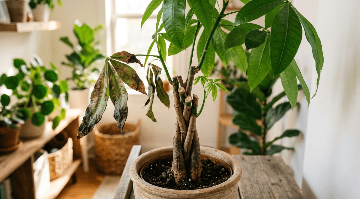 パキラの葉先が茶色に枯れる原因と復活術を解説するアイキャッチ画像。枯れた葉と、切り戻した幹から出る元気な新芽の対比。