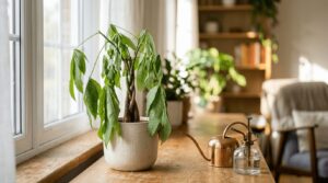 窓際で葉がふにゃふにゃと下を向いて垂れ下がっているパキラの鉢植えと、ケアに使うジョウロや霧吹き