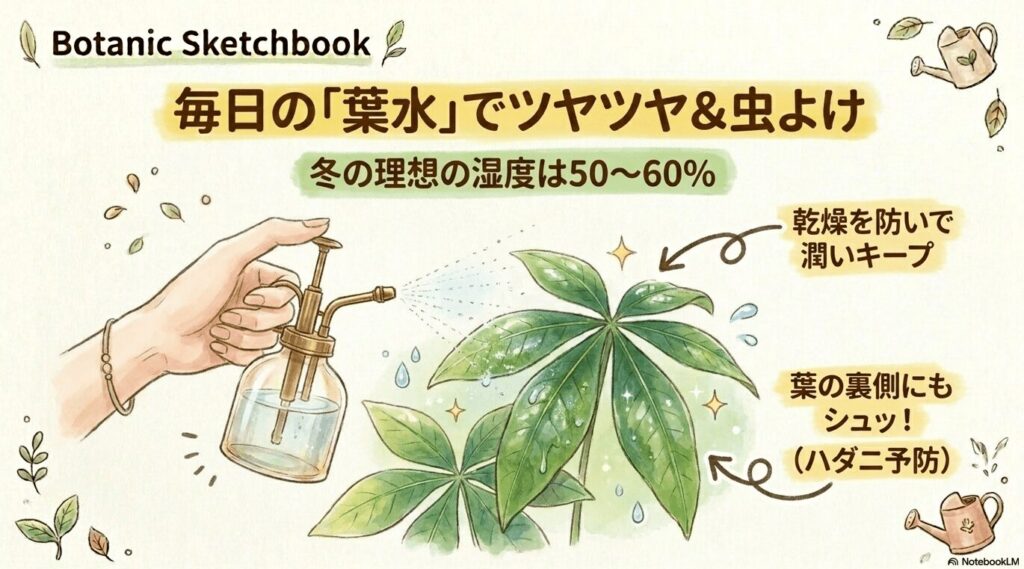 冬の理想の湿度は50〜60%で、葉の裏側にもシュッと霧吹きをして乾燥を防ぎ、ハダニ予防と潤いキープをする毎日の葉水イラスト