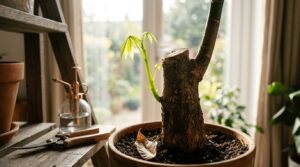 剪定されたパキラの太い幹から力強く伸びる鮮やかな新芽と、土の上に落ちた茶色い枯れ葉。背景には園芸用のハサミとガラスの霧吹きが置かれている。