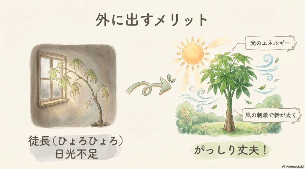 徒長を防ぐ！パキラを外に出すメリット（光のエネルギーと風の物理的刺激）