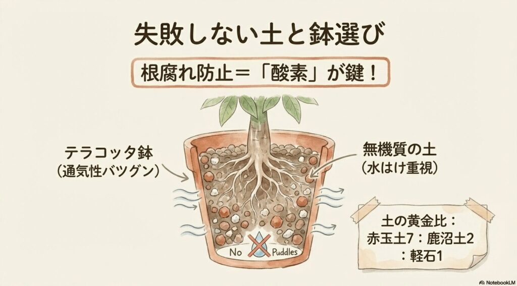 根腐れを防止する！失敗しないパキラの土と鉢選び（無機質の土とテラコッタ鉢）