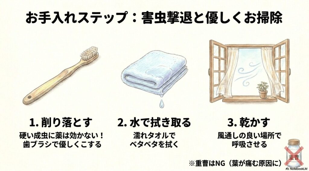 歯ブラシでこすり落とし、濡れタオルで拭き取り、窓を開けて乾かす3つのステップと、重曹はNGという注意書きのイラスト