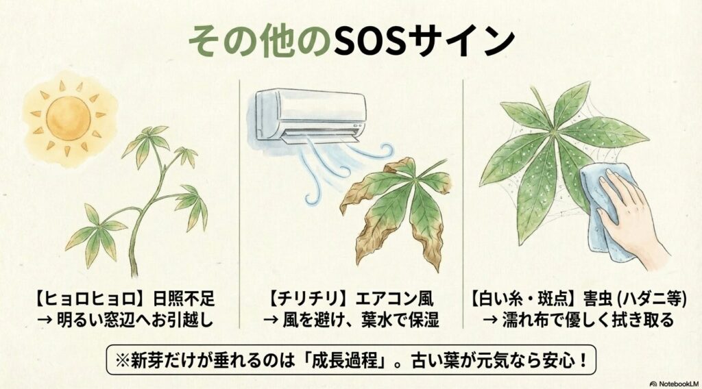パキラのその他のSOSサイン 。エアコンの風で葉がチリチリになった状態と、ハダニなどの害虫により白い糸や斑点がついた葉を濡れ布で優しく拭き取る対処法のイラスト 。