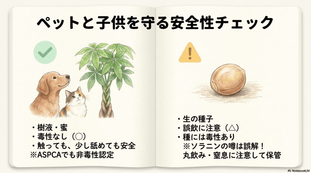 犬と猫がパキラを見上げているイラストと、樹液は毒性なしで安全だが生の種子は誤飲と毒性に注意が必要という解説