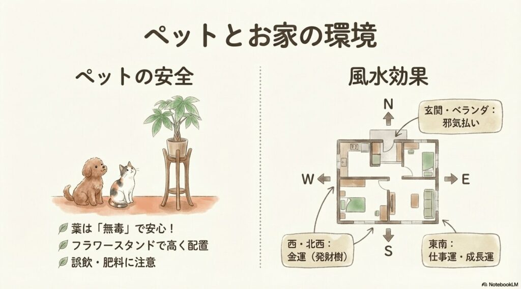 パキラの風水効果（方角別の運気）とペット（犬・猫）がいる環境での安全対策
