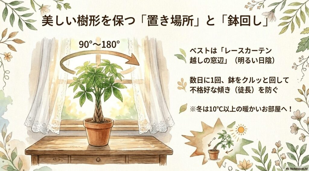 レースカーテン越しの窓辺に置き、数日に1回鉢を90度から180度回して徒長を防ぐパキラの管理方法のイラスト画像