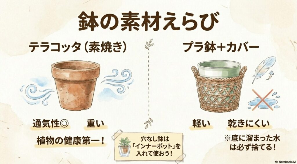 パキラの健康を第一に考えたテラコッタ鉢とプラスチック鉢+鉢カバーの素材ごとの特徴比較