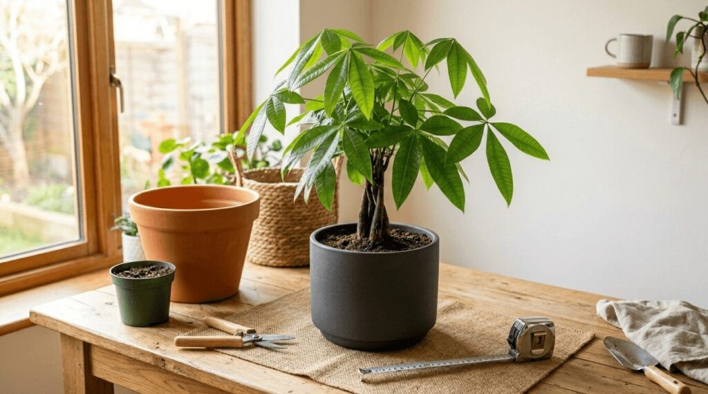 メジャーを置いてパキラの鉢の大きさを検討している様子。大きすぎや小さめのサインと適切なサイズの選び方を解説するアイキャッチ画像。