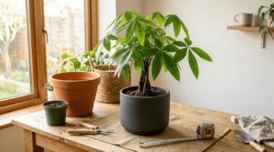 メジャーを置いてパキラの鉢の大きさを検討している様子。大きすぎや小さめのサインと適切なサイズの選び方を解説するアイキャッチ画像。