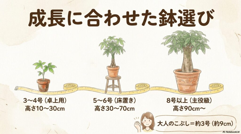 パキラの樹高に合わせた鉢の号数とサイズの目安(卓上用から主役級まで)