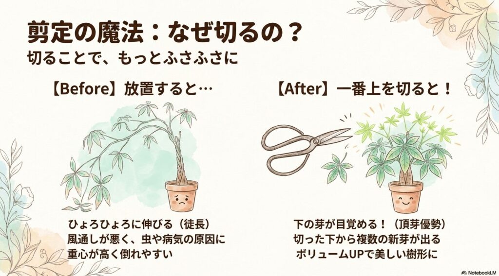 パキラを剪定せずに放置して徒長した状態と、一番上を切ることで複数の新芽が出てボリュームアップする仕組み（頂芽優勢）の解説図