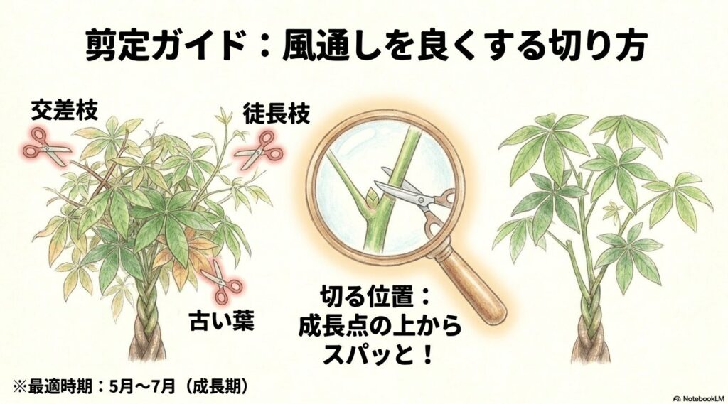 交差枝、徒長枝、古い葉をハサミで切る位置と、成長点の上からスパッと切る拡大図解