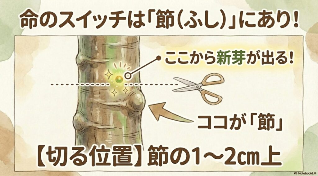 パキラの節（ふし）の位置と、節の1〜2cm上を切る正しい剪定位置