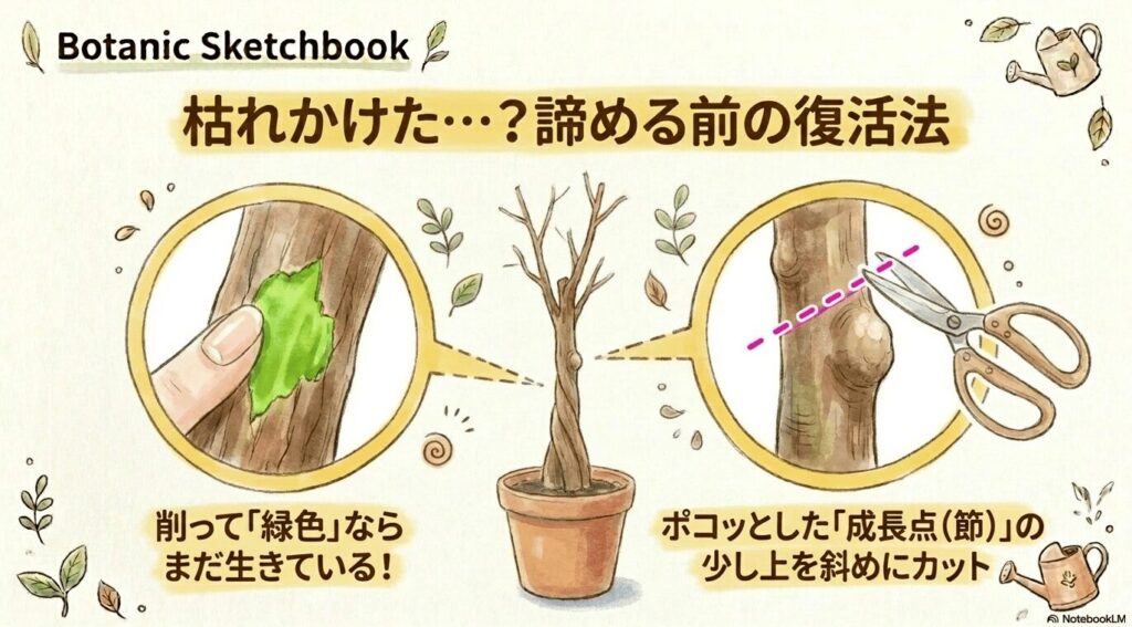 枯れかけたパキラを諦める前の復活法として、幹を削って緑色なら生きており、ポコッとした成長点（節）の少し上を斜めにカットするイラスト