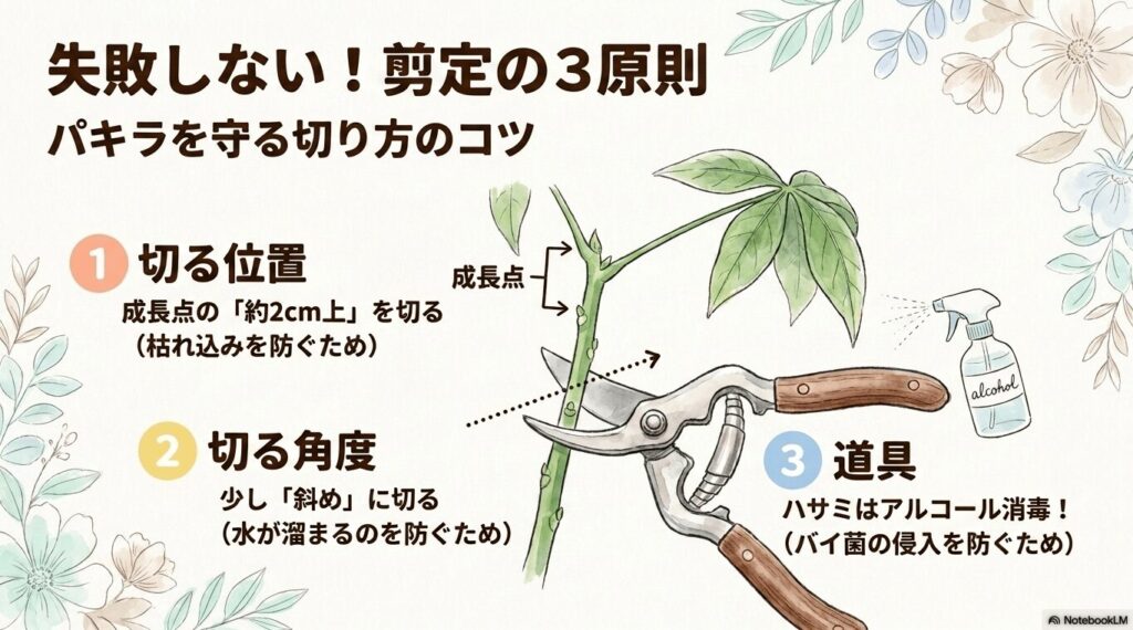 パキラの枝を切る位置（成長点の約2cm上）、切る角度（少し斜め）、道具の消毒といった、パキラを守るための剪定の3原則の解説