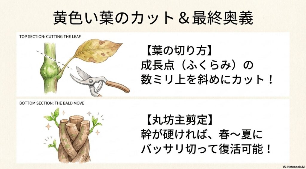 黄色い葉のカットと最終奥義 。葉の切り方は成長点(ふくらみ)の数ミリ上を斜めにカットする 。幹が硬ければ春から夏にかけてバッサリ切って復活させる丸坊主剪定のイラスト 。