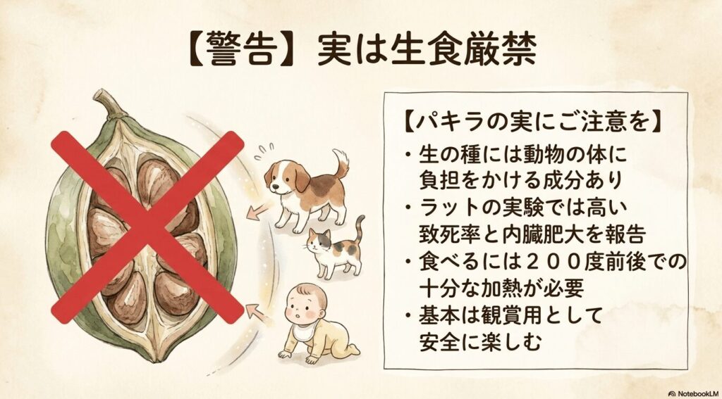 生食厳禁！パキラの種子の毒性と加熱の重要性を促す注意喚起イラスト