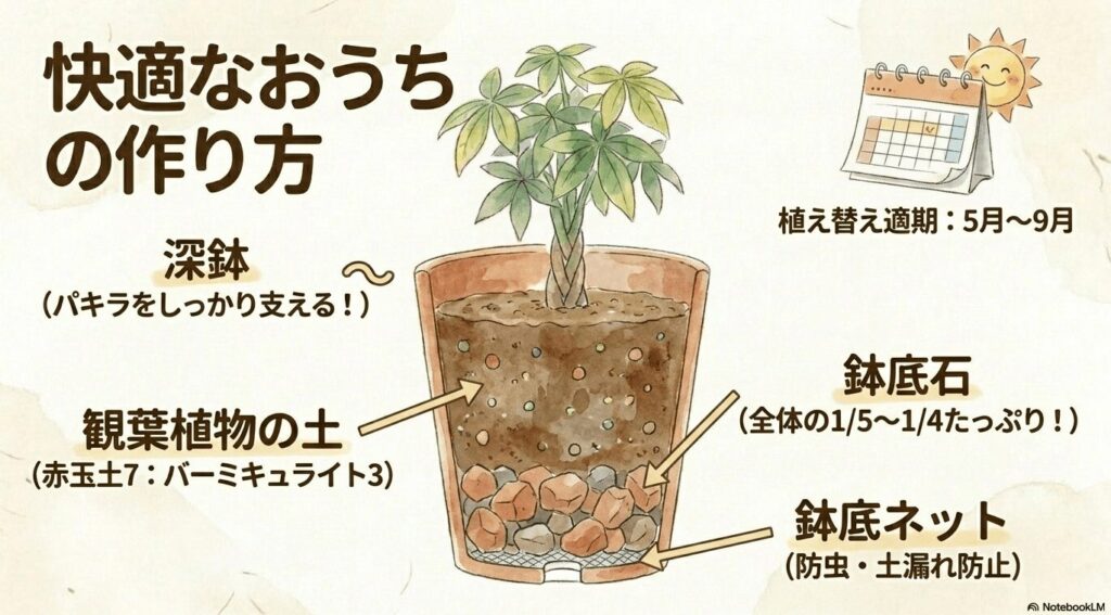 パキラの健康を守るための植え替え時期と、深鉢、観葉植物の土、鉢底石、鉢底ネットなどの必要な準備
