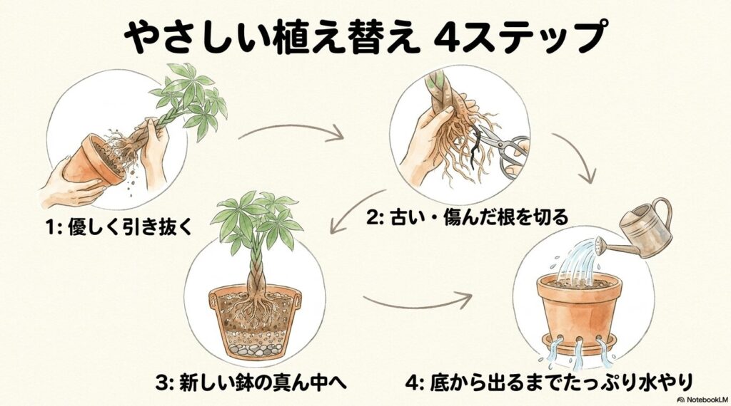 初心者でも簡単なパキラの植え替え手順(引き抜く、根を整理する、新しい鉢へ定植する、仕上げの水やり)