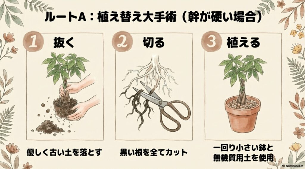 幹が硬い場合のパキラの植え替え大手術の手順(鉢から抜く、腐った根を切るなどのステップ)を示す図解