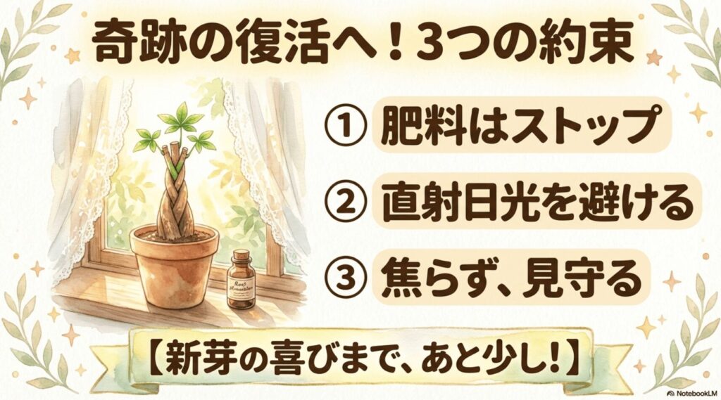 パキラ復活のための3つの約束（肥料はストップ、直射日光を避ける、焦らず見守る）