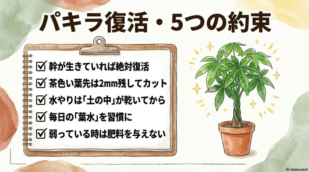 パキラを元気にするための幹の確認、正しいカット、水やり、葉水、肥料のルールの5つの約束