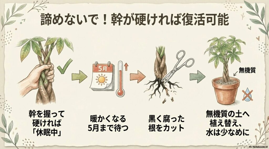 諦めないで!幹が硬ければ復活可能。パキラをレスキューする手順