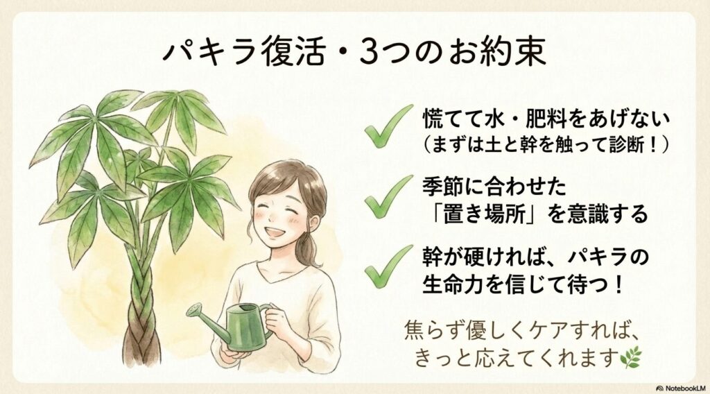 パキラ復活への3つのお約束 。慌てて水・肥料をあげず土と幹を触って診断し、季節に合わせた置き場所を意識して、幹が硬ければ生命力を信じて待つ 。焦らず優しくケアすればきっと応えてくれるというメッセージと笑顔でジョウロを持つ女性のイラスト 。