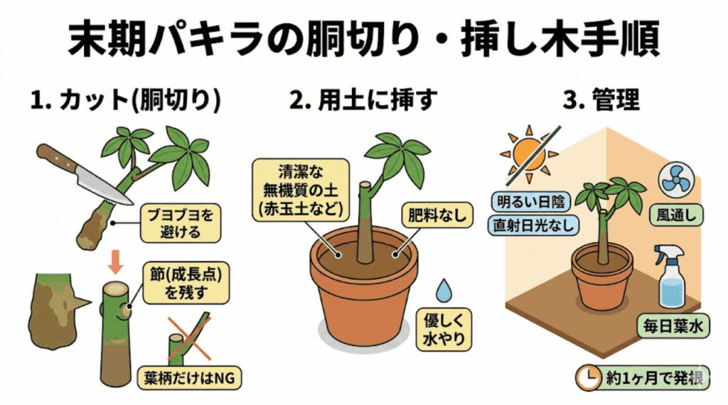 幹が柔らかくなったパキラの深刻な根腐れ症状から復活させるための、胴切りと挿し木の手順を解説した画像。ブヨブヨな部分を避けて節を残してカットし、肥料なしの清潔な土に挿して明るい日陰で管理する見分け方と対処法。