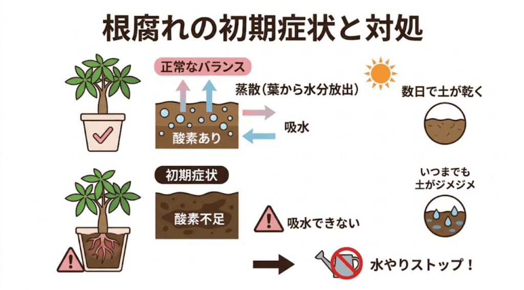 正常なパキラと根腐れを起こしたパキラの初期症状の見分け方を比較した図解。土がいつまでも乾かず酸素不足になっている症状と、すぐにお水をストップする対処法を解説した画像。