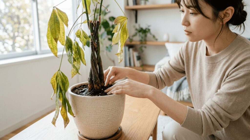 葉が黄色く垂れ下がったパキラの根腐れの症状に対し、土の湿り気や幹の硬さを優しく触って見分け方をチェックしている自己診断の画像