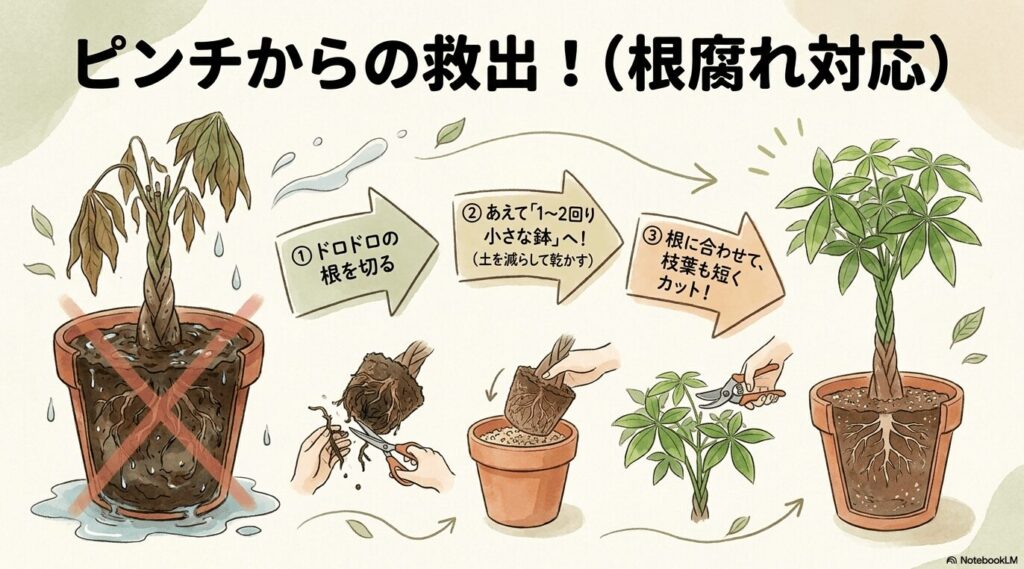 鉢が大きすぎて根腐れしたパキラを助けるリカバリー手順(傷んだ根の切除、小さな鉢へのサイズダウン、枝葉の剪定)