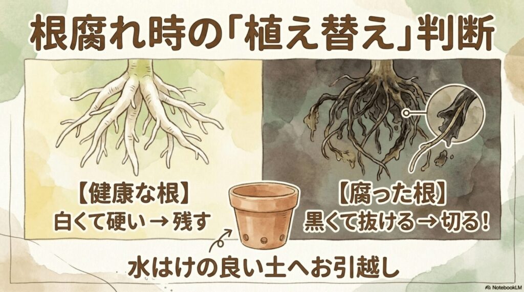 パキラの根腐れチェック。健康な白い根と、黒くて皮が抜ける腐った根の見分け方