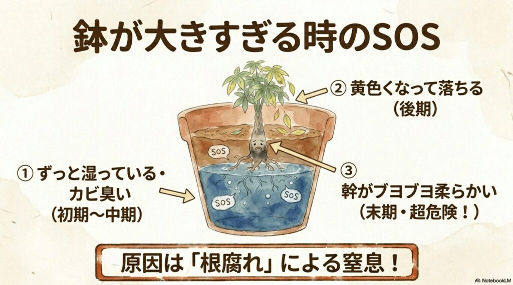 パキラの鉢が大きすぎる時に起こる根腐れのメカニズムと危険なSOSサインの進行度