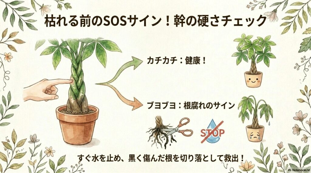 パキラの幹を触ってカチカチなら健康、ブヨブヨなら根腐れのサインであることを知らせるイラスト画像