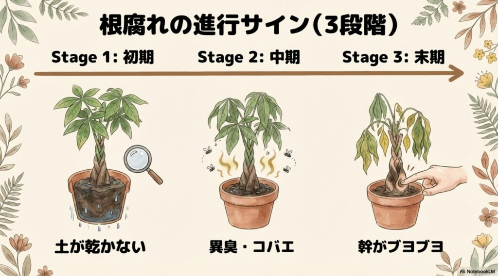 パキラの根腐れの進行度を初期(土が乾かない)、中期(異臭・コバエ)、末期(幹がブヨブヨ)の3段階で示したサイン
