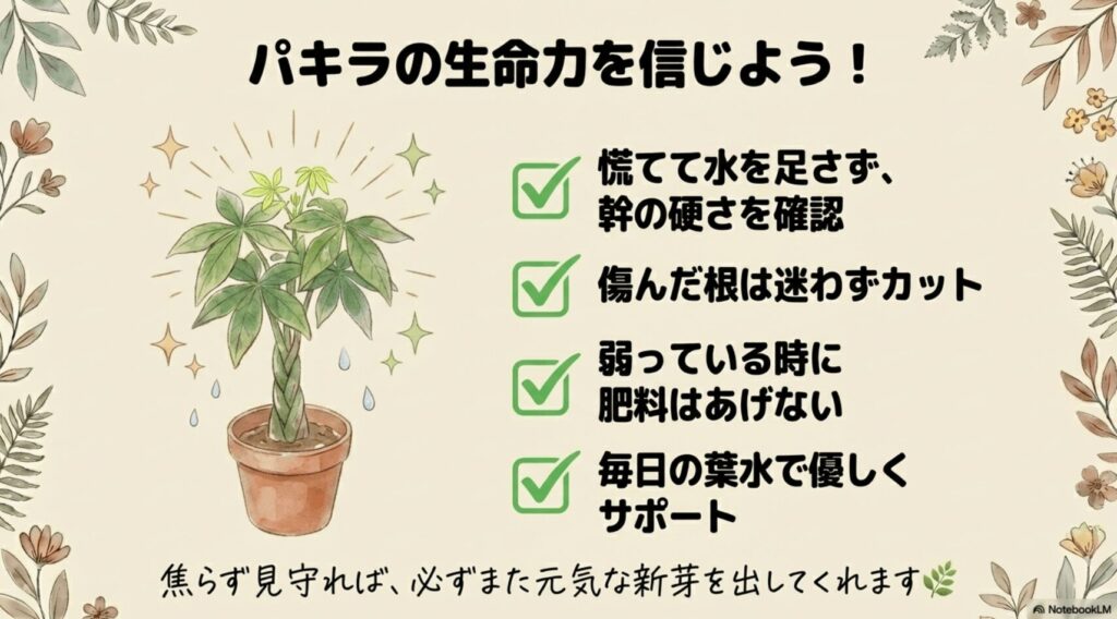 パキラの根腐れ対策のまとめ(水追加NG、幹の硬さ確認、傷んだ根のカット、肥料NG、毎日の葉水)の図解