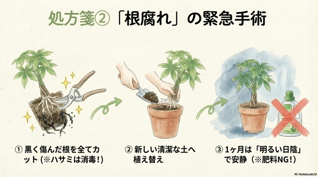 根腐れ時の処方箋 。黒く傷んだ根を消毒したハサミで全てカットし、新しい清潔な土へ植え替える緊急手術のイラスト 。その後1ヶ月は明るい日陰で安静にし、肥料は与えない 。